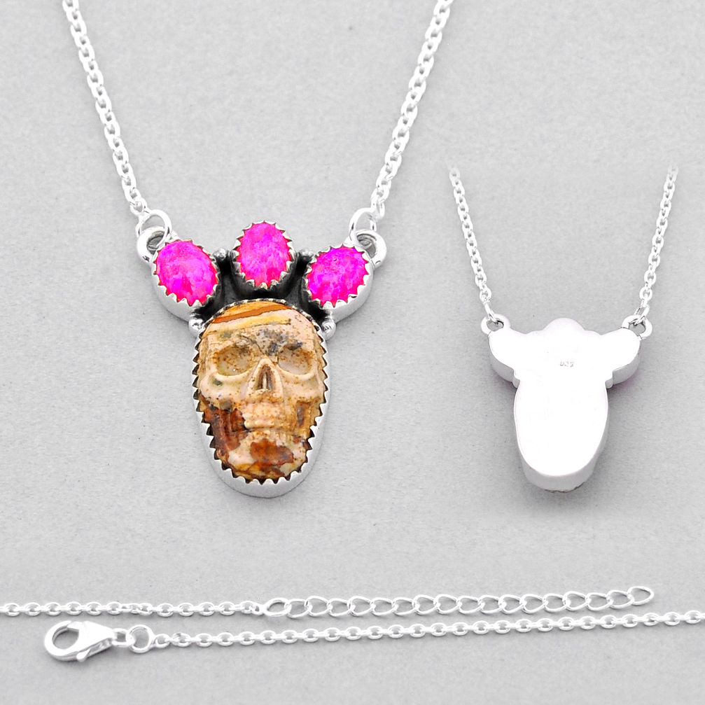 15.25cts back closed hot opal brown picture jasper silver skull necklace n53295