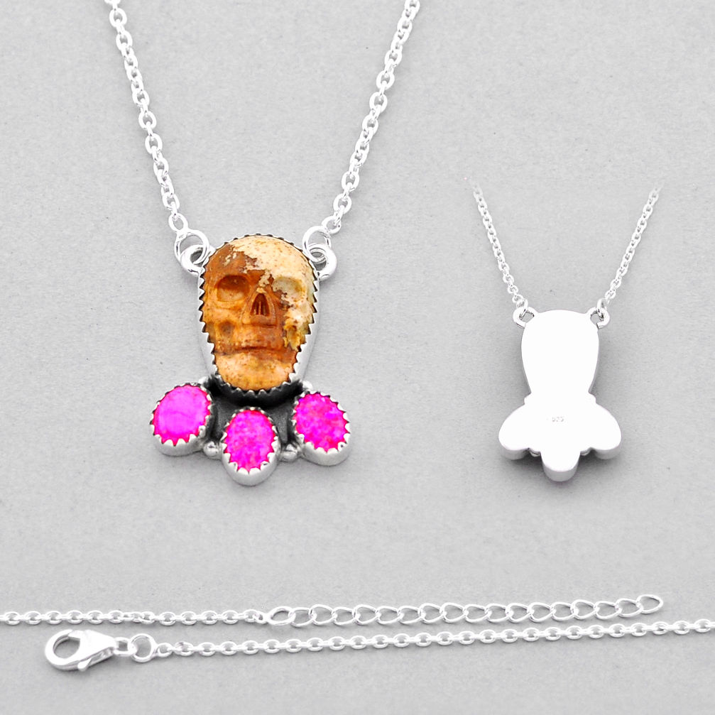 14.45cts back closed hot opal brown picture jasper silver skull necklace n53298