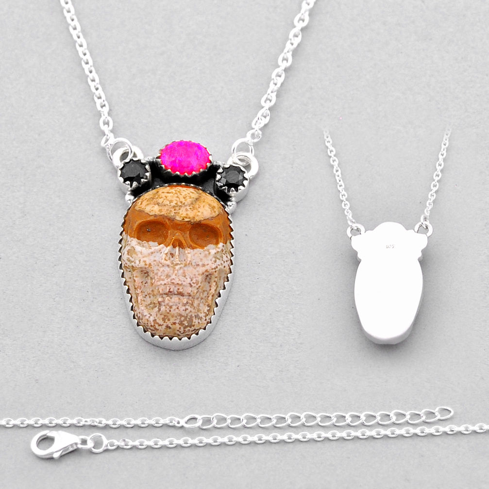 17.73cts back closed hot opal picture jasper onyx silver skull necklace n53282