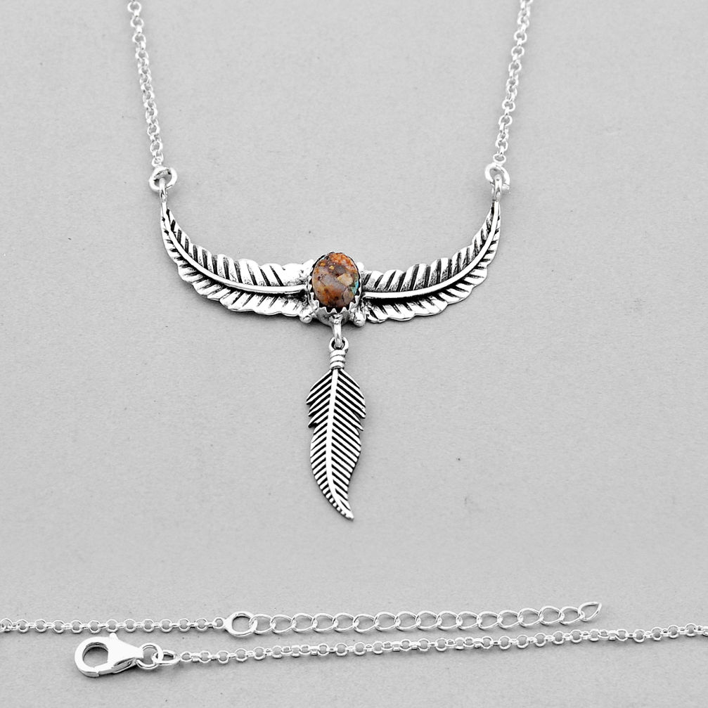 2.11cts back closed matrix royston turquoise 925 silver feather necklace n49109