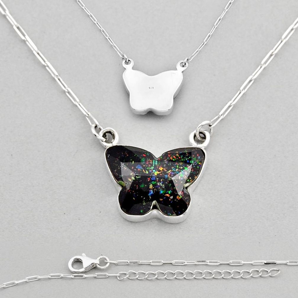 15.29cts back closed multi color dichroic glass silver butterfly necklace n6284