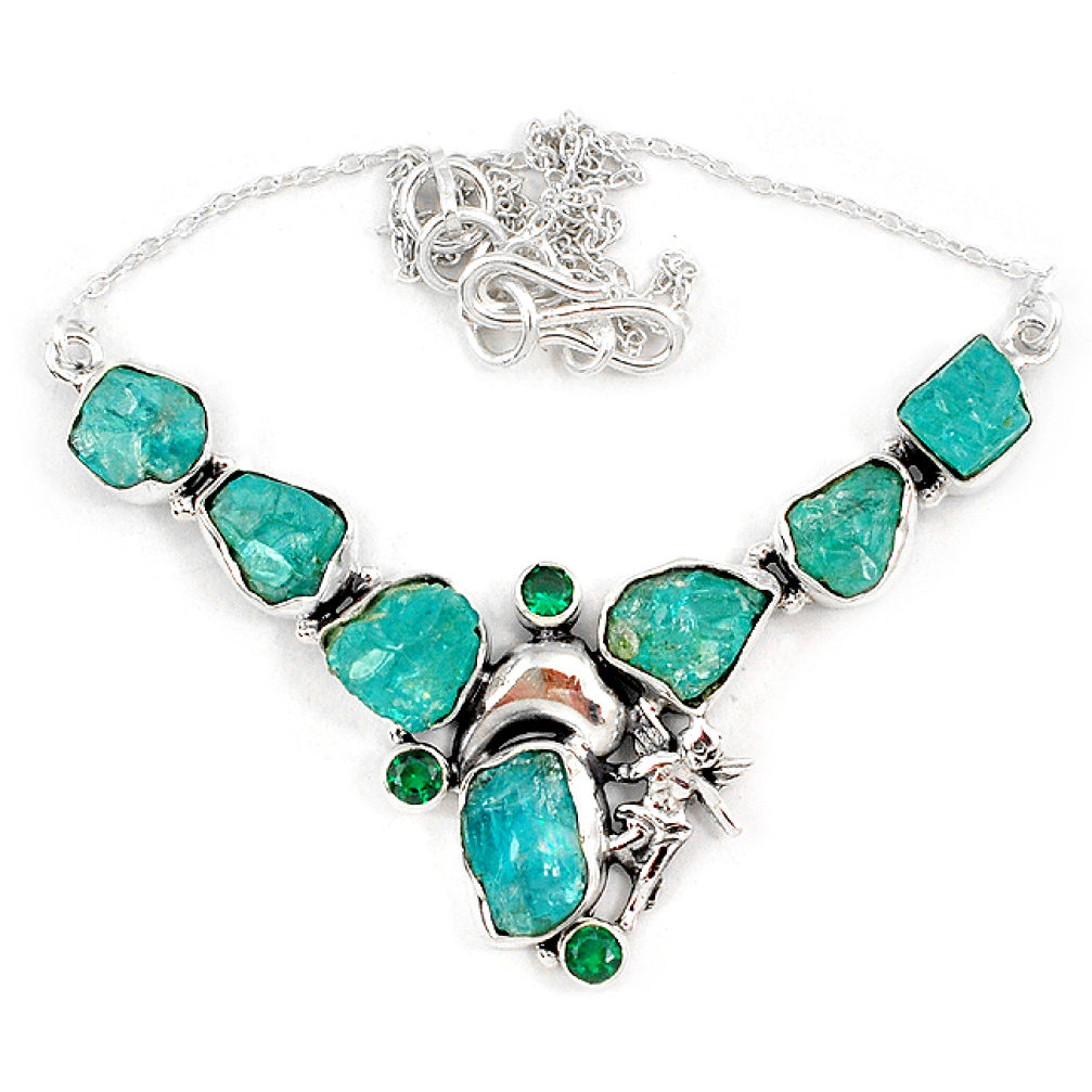 Blue apatite rough russian nano emerald 925 silver angel wings necklace j10304