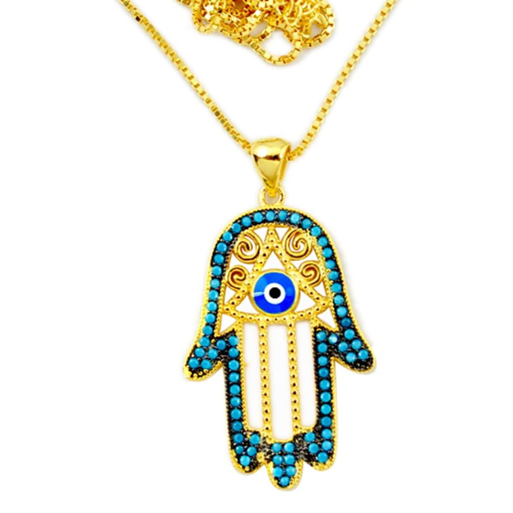 Blue evil eye talismans 925 silver 14k gold hand of god hamsa necklace c25959