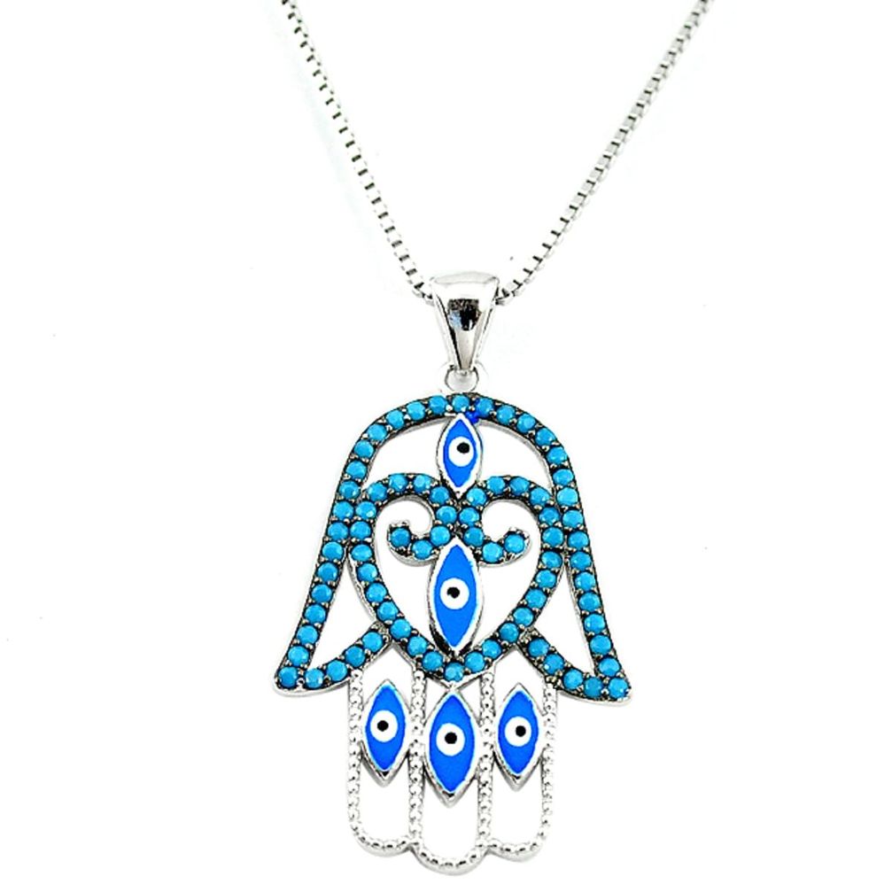 Blue evil eye talismans turquoise 925 silver hand of god hamsa necklace c20532