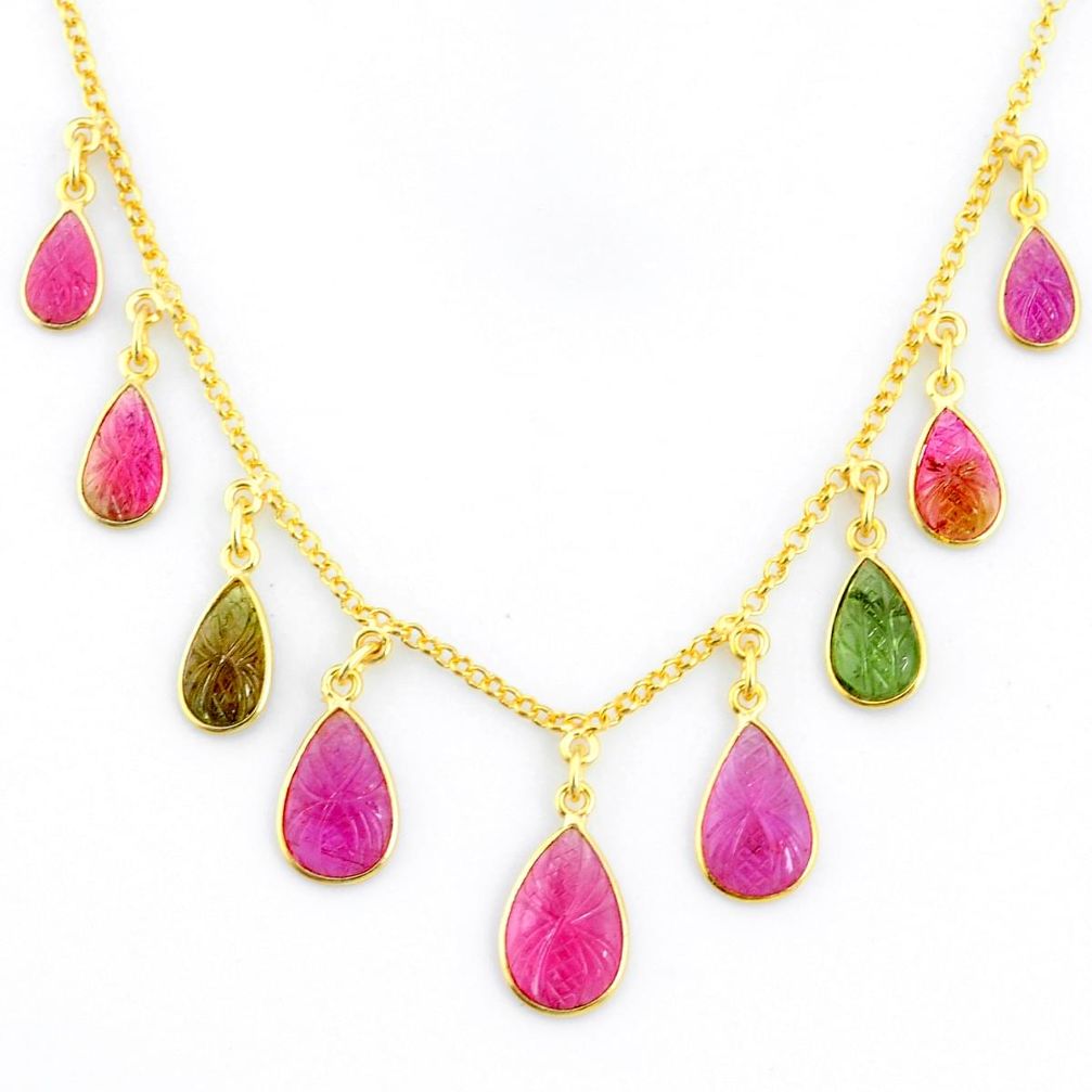 19.07cts carving natural watermelon tourmaline 14k gold collector necklace r71483