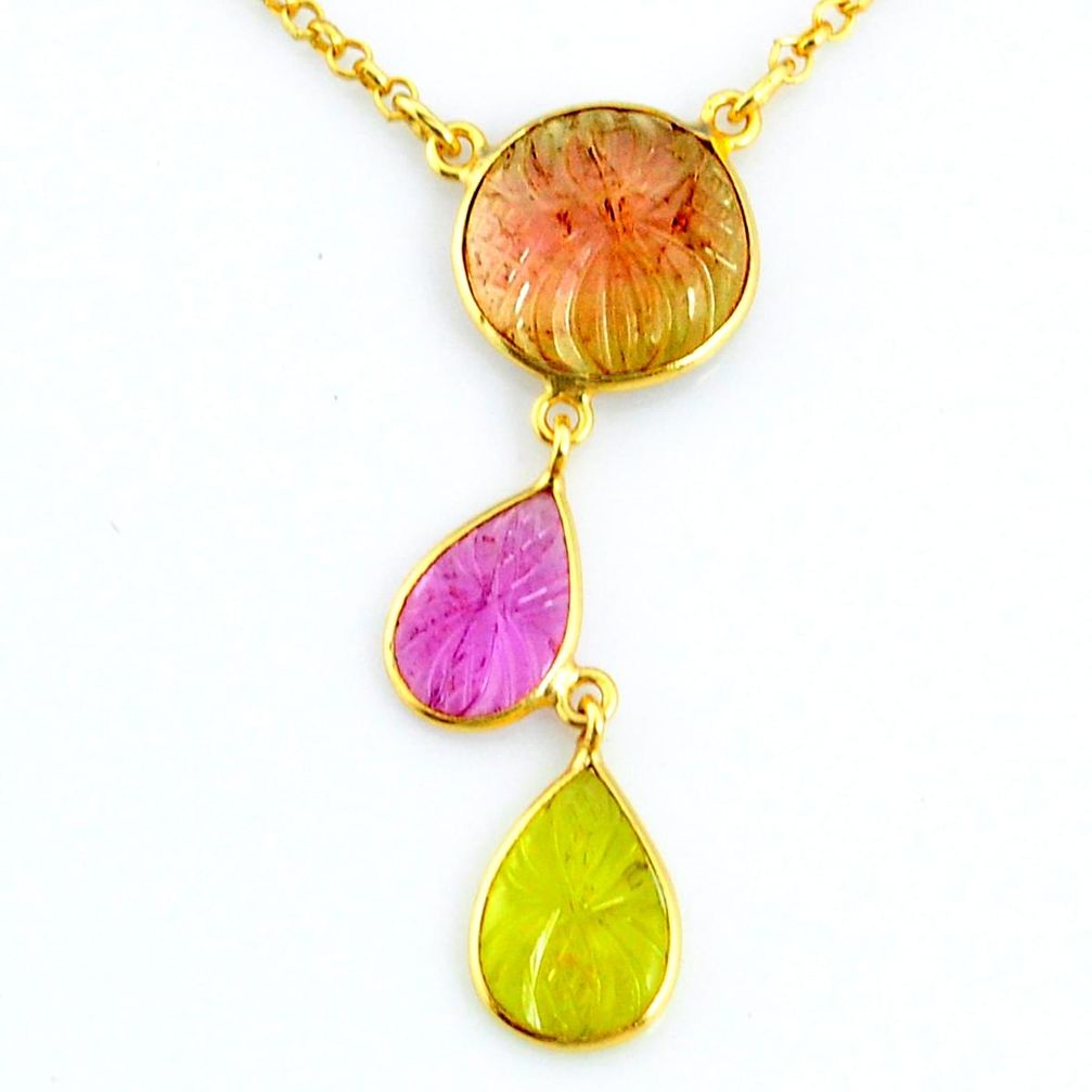 12.60cts carving natural watermelon tourmaline 14k gold collector necklace r71513