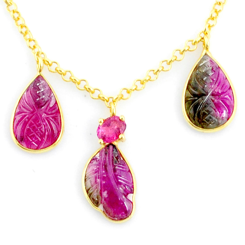 10.68cts carving natural watermelon tourmaline 14k gold collector necklace r71527