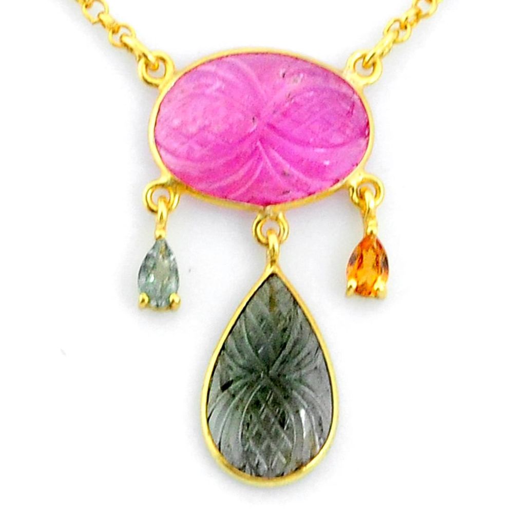 12.83cts carving natural watermelon tourmaline 14k gold collector necklace r71529