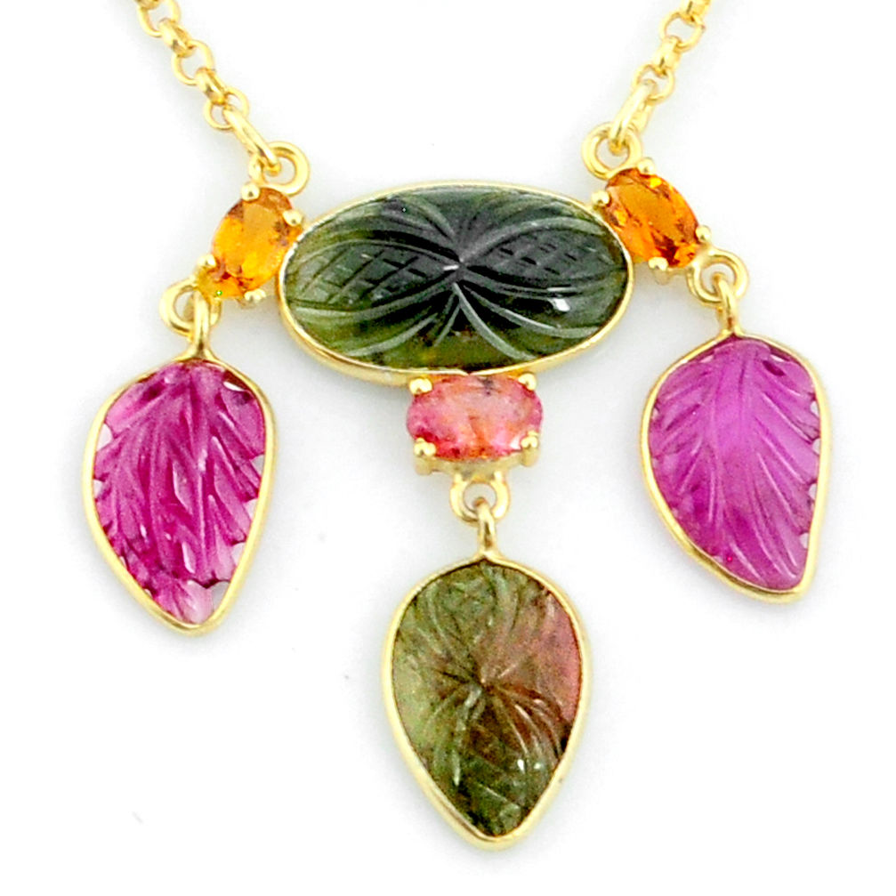 16.54cts carving natural watermelon tourmaline 14k gold collector necklace r71533