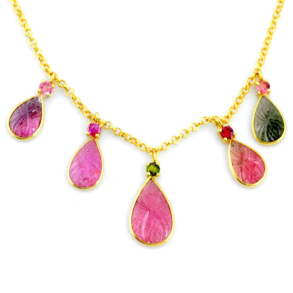 15.67cts carving natural watermelon tourmaline 14k gold handmade necklace r71534