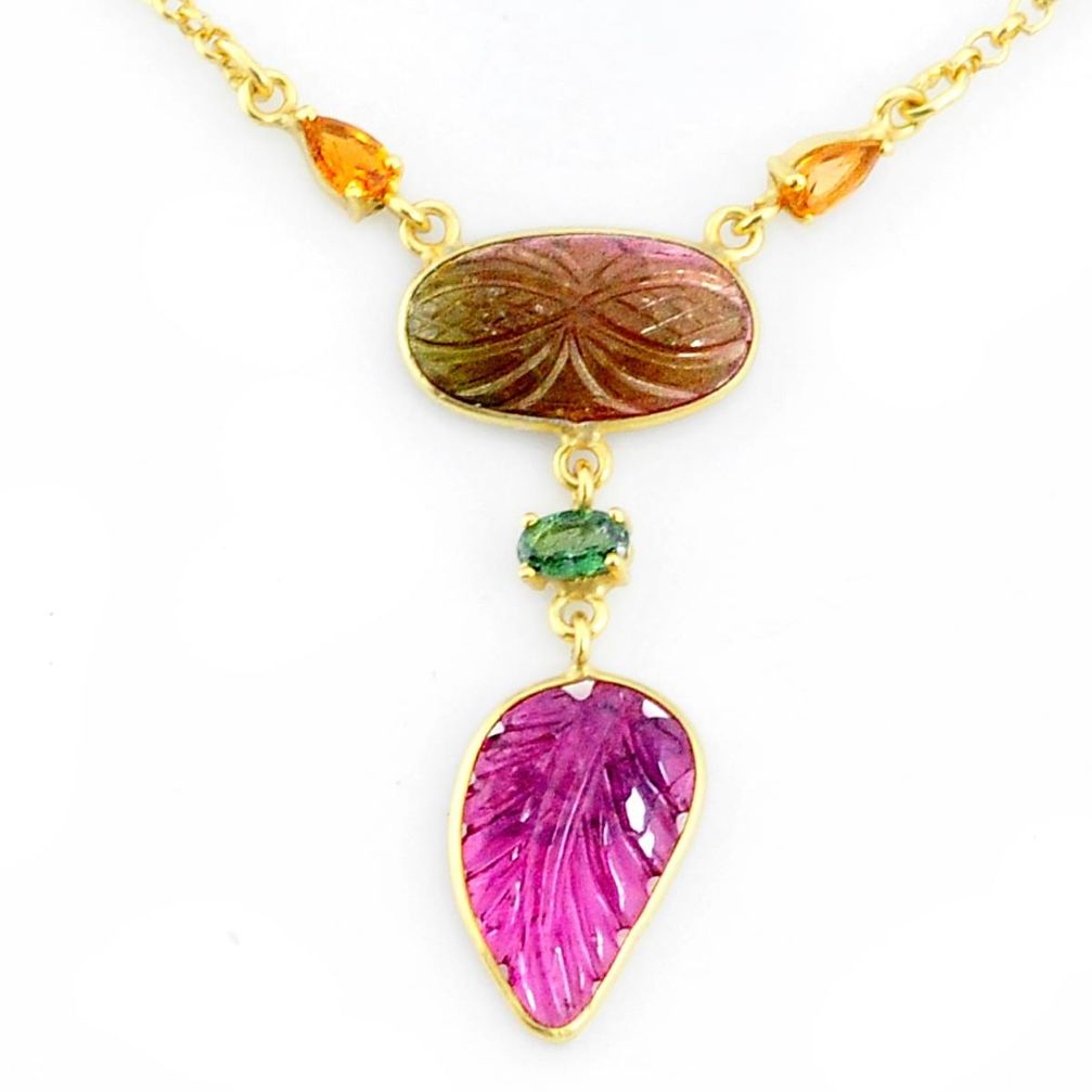 12.03cts carving natural watermelon tourmaline 14k gold collector necklace r71565