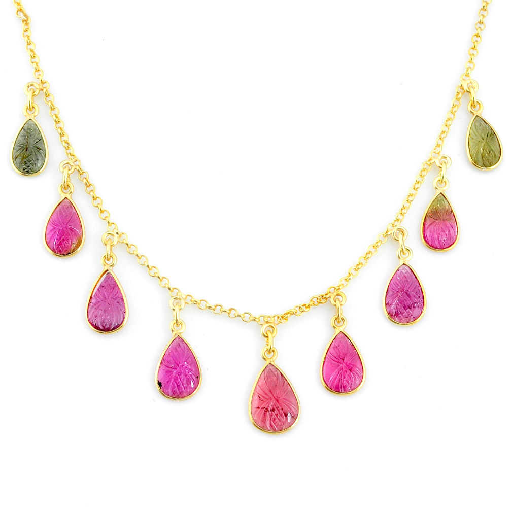 18.94cts carving natural watermelon tourmaline 14k gold collector necklace r71571