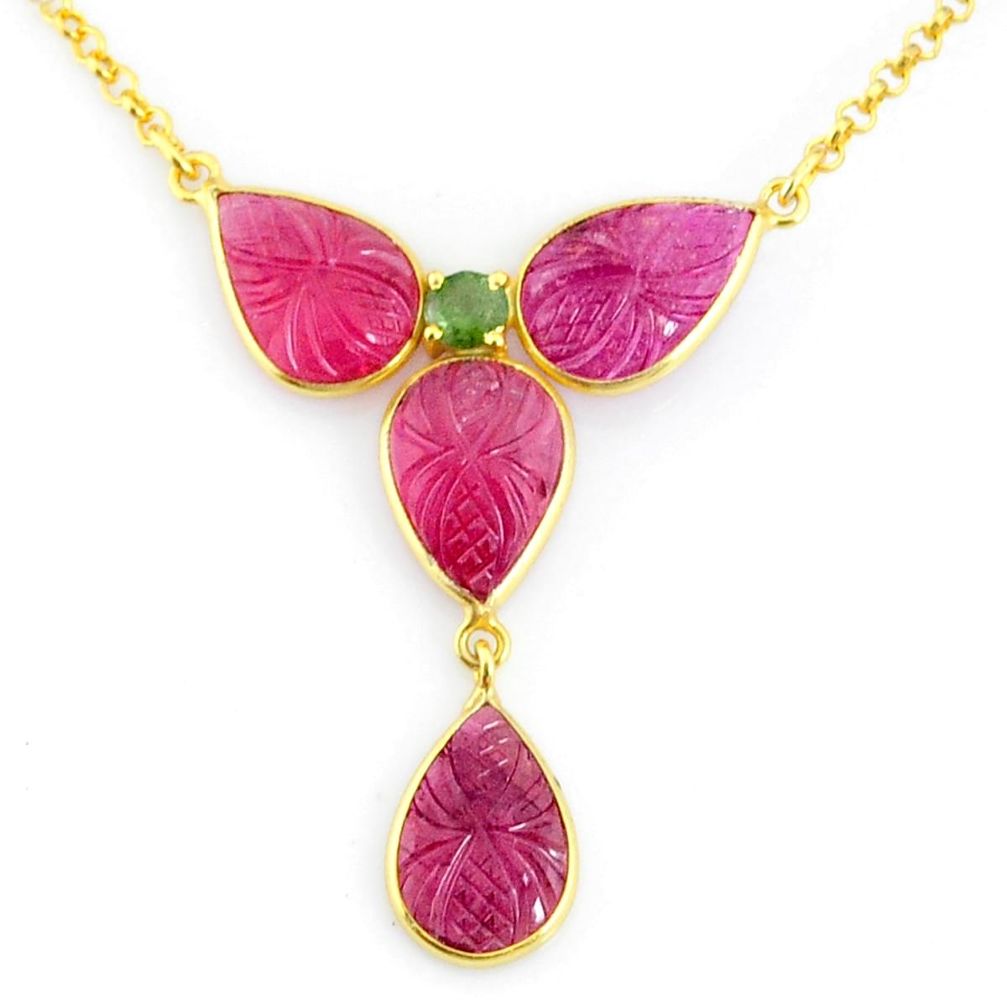 16.73cts carving natural watermelon tourmaline 14k gold collector necklace r71578