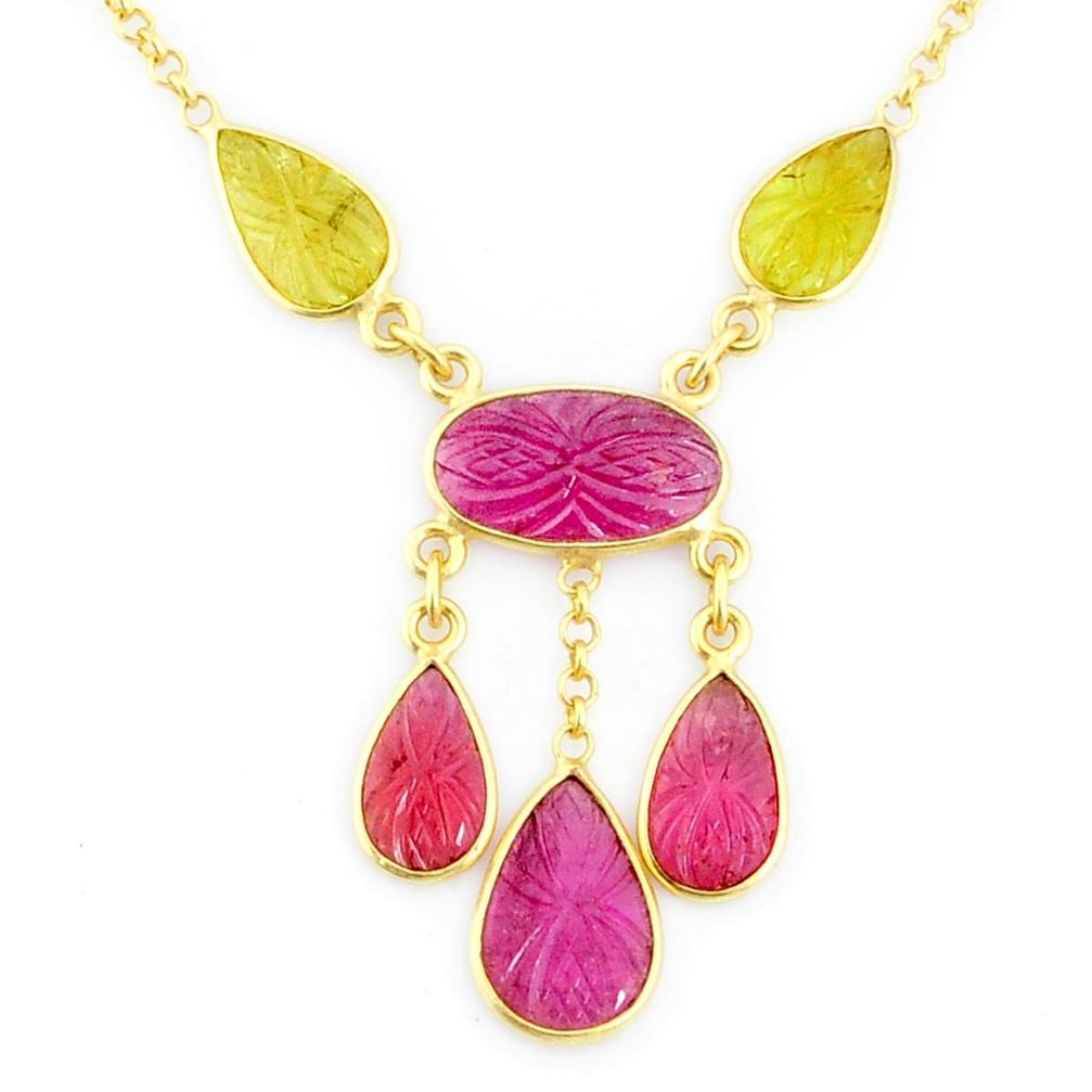 13.55cts carving natural watermelon tourmaline 14k gold collector necklace r71581