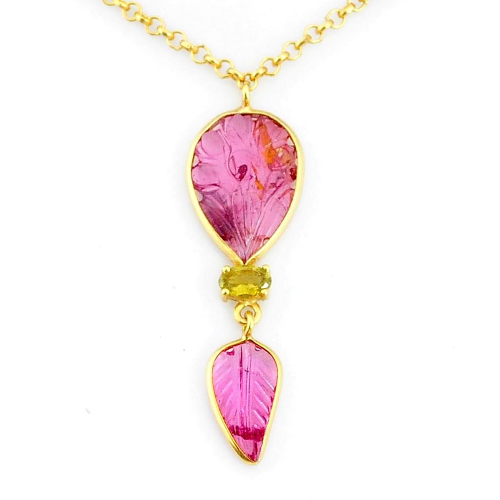 10.76cts carving natural watermelon tourmaline 14k gold collector necklace r71589