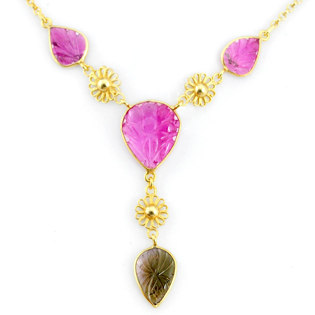 16.15cts carving natural watermelon tourmaline 14k gold collector necklace r71593