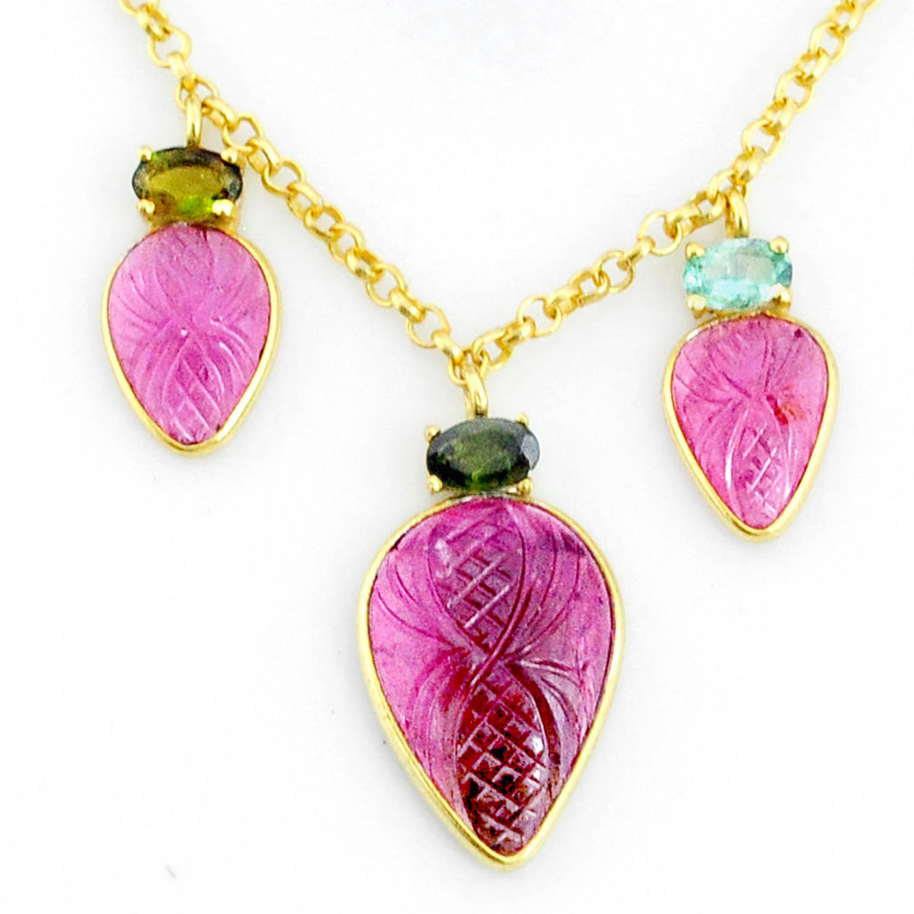 14.40cts carving natural watermelon tourmaline 14k gold collector necklace r71594