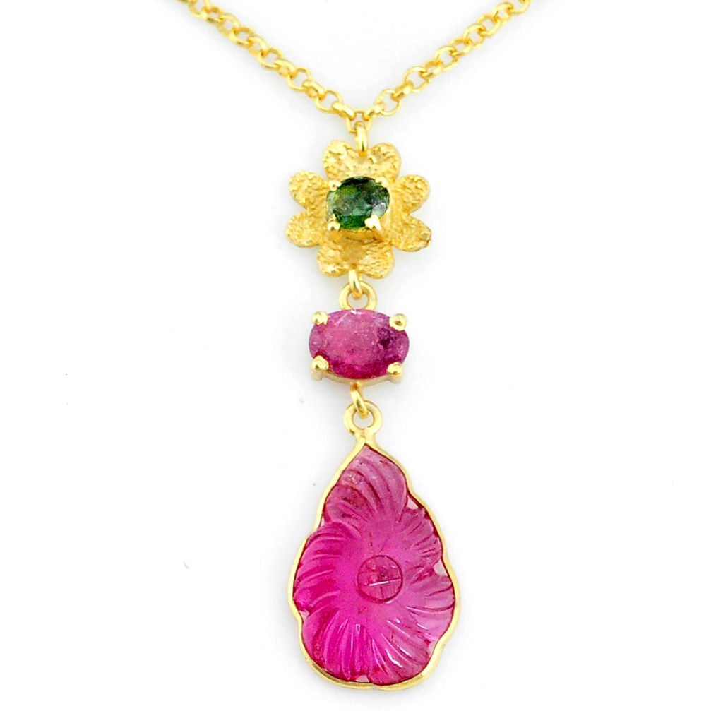 8.14cts carving natural watermelon tourmaline 14k gold collector necklace r71598