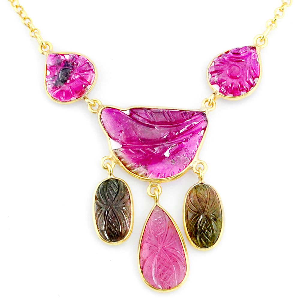 20.35cts carving natural watermelon tourmaline 14k gold collector necklace r71599