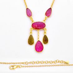 11.51cts carving natural watermelon tourmaline 925 silver gold necklace y2655