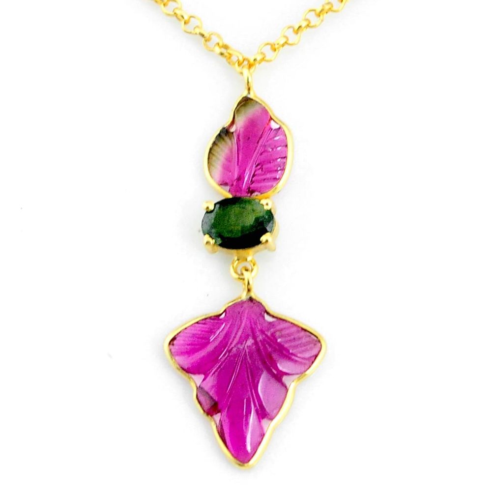 11.23cts carving natural watermelon tourmaline 14k gold collector necklace r71488