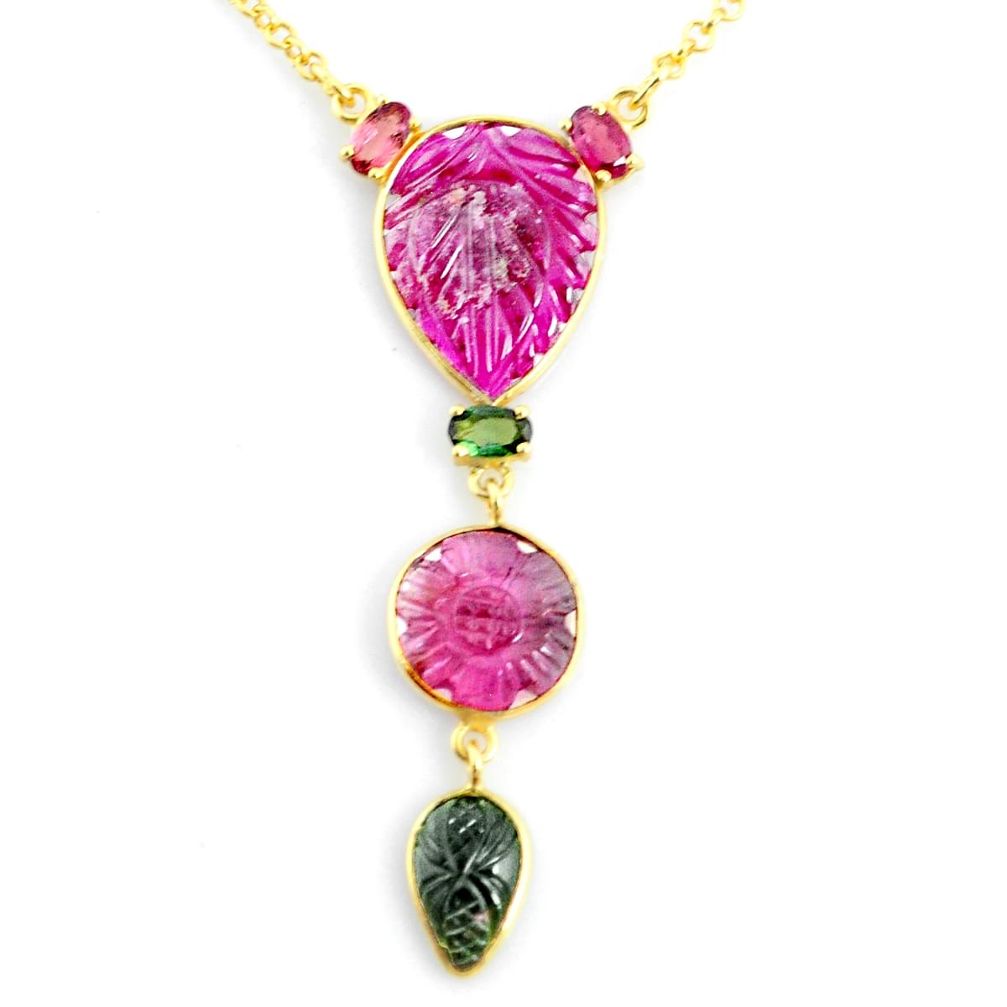 14.26cts carving natural watermelon tourmaline 14k gold collector necklace r71493