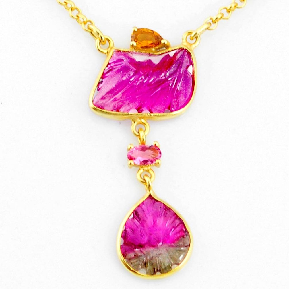 11.58cts carving natural watermelon tourmaline 14k gold collector necklace r71496