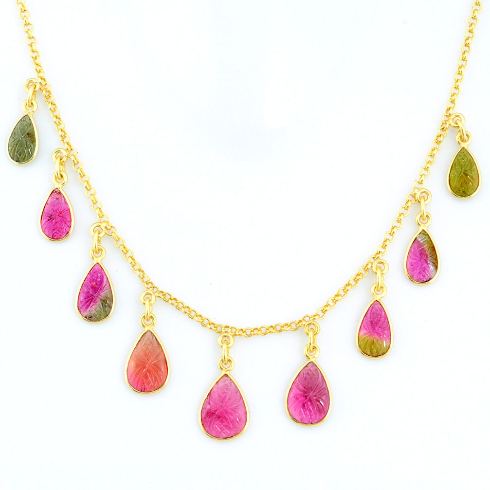 18.70cts carving natural watermelon tourmaline 14k gold collector necklace r71501