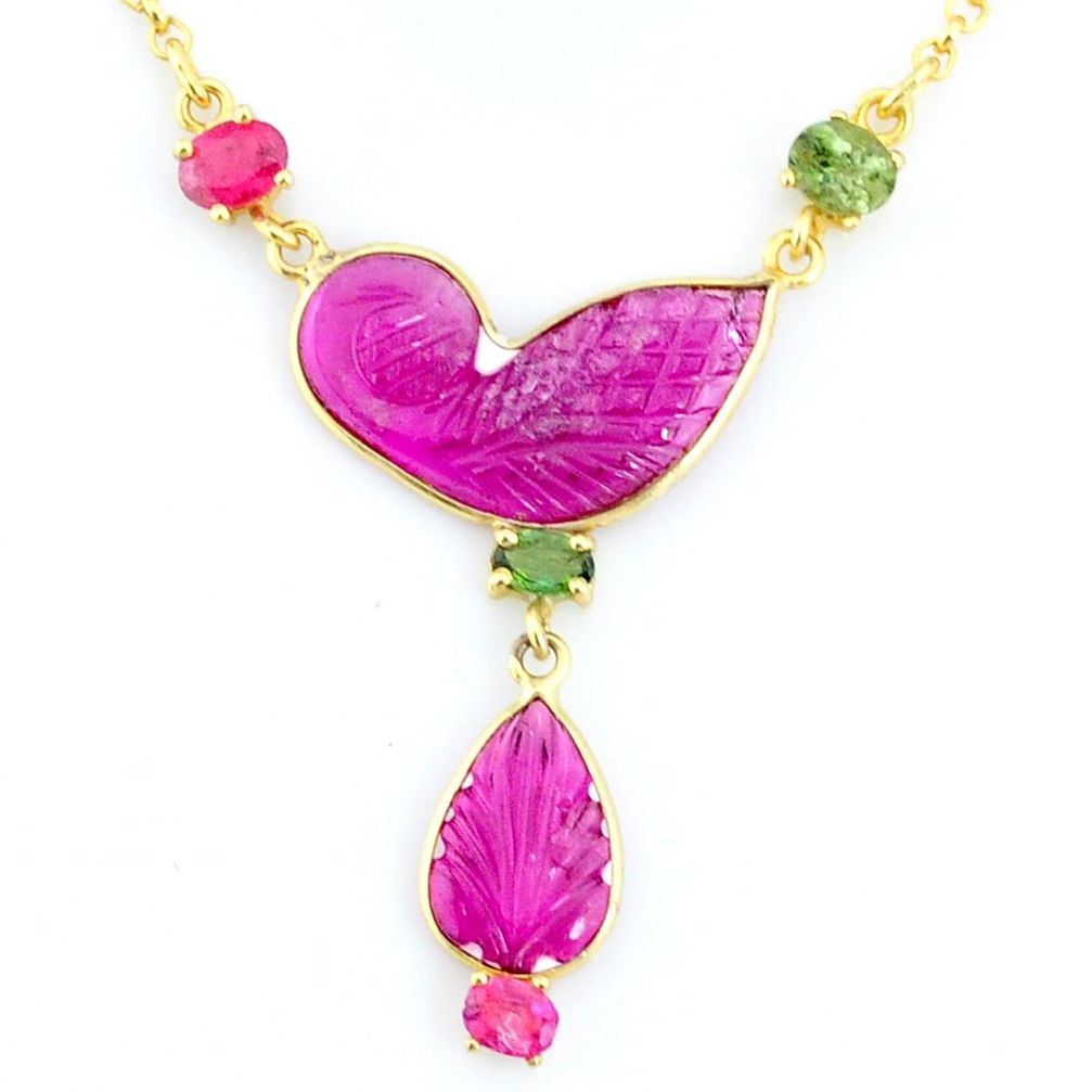 12.99cts carving natural watermelon tourmaline 14k gold collector necklace r71507