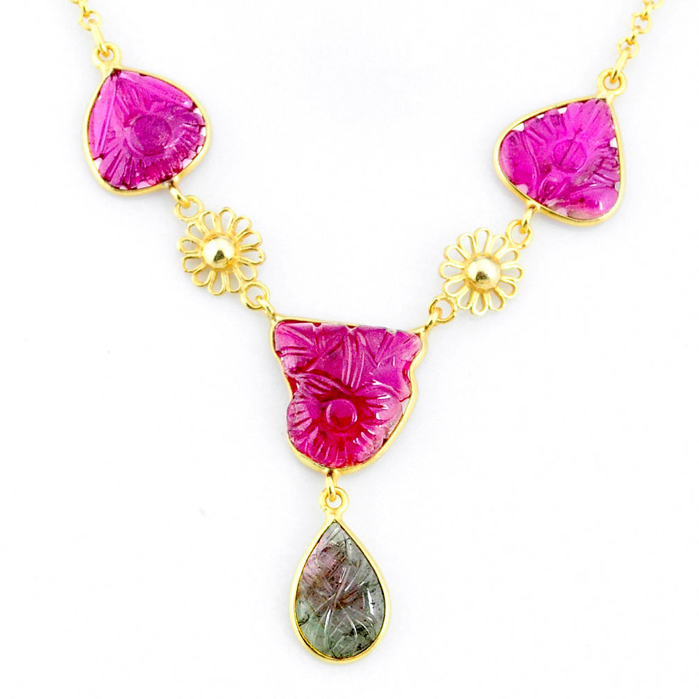 17.20cts carving natural watermelon tourmaline 14k gold collector necklace r71512