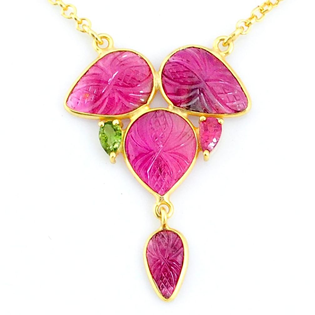 13.50cts carving natural watermelon tourmaline 14k gold collector necklace r71514