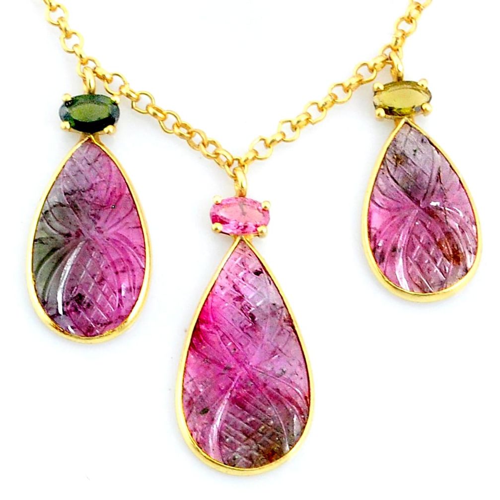 17.55cts carving natural watermelon tourmaline silver 14k gold necklace r71517