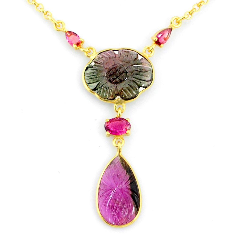 13.77cts carving natural watermelon tourmaline 14k gold collector necklace r71528