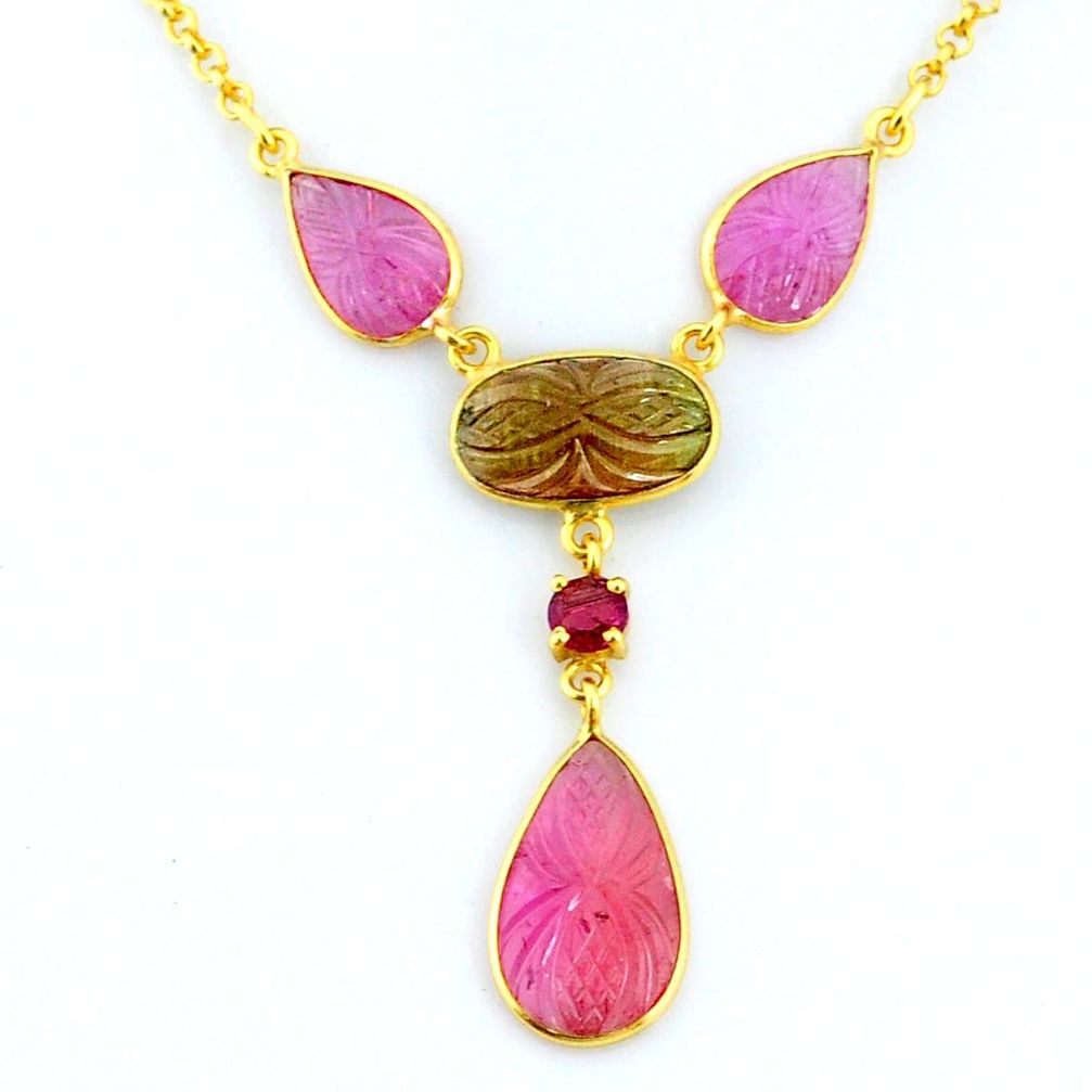 13.55cts carving natural watermelon tourmaline 14k gold collector necklace r71535