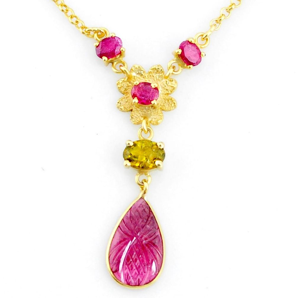 7.22cts carving natural watermelon tourmaline 14k gold collector necklace r71546