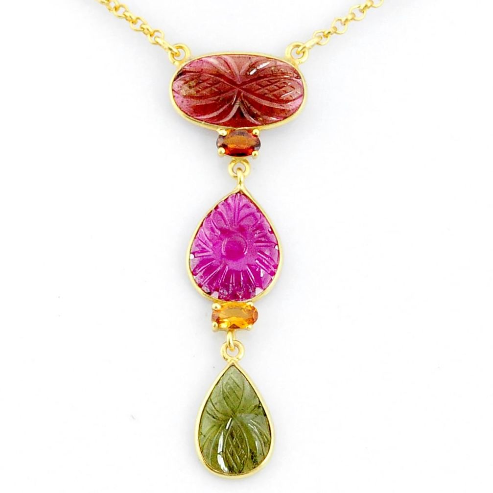 14.90cts carving natural watermelon tourmaline 14k gold collector necklace r71555