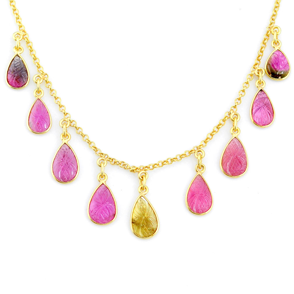 19.25cts carving natural watermelon tourmaline 14k gold collector necklace r71556