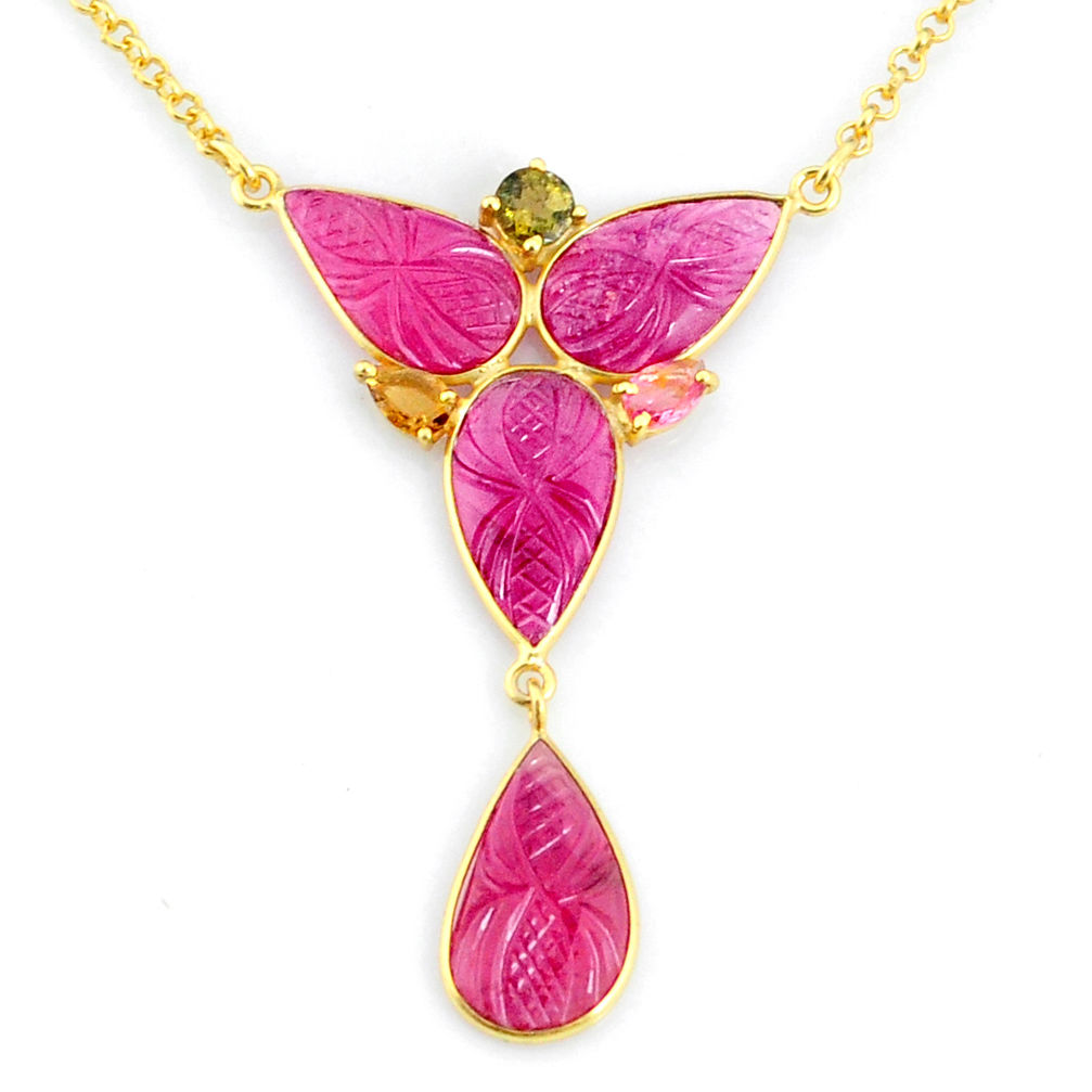 16.70cts carving natural watermelon tourmaline 14k gold collector necklace r71577