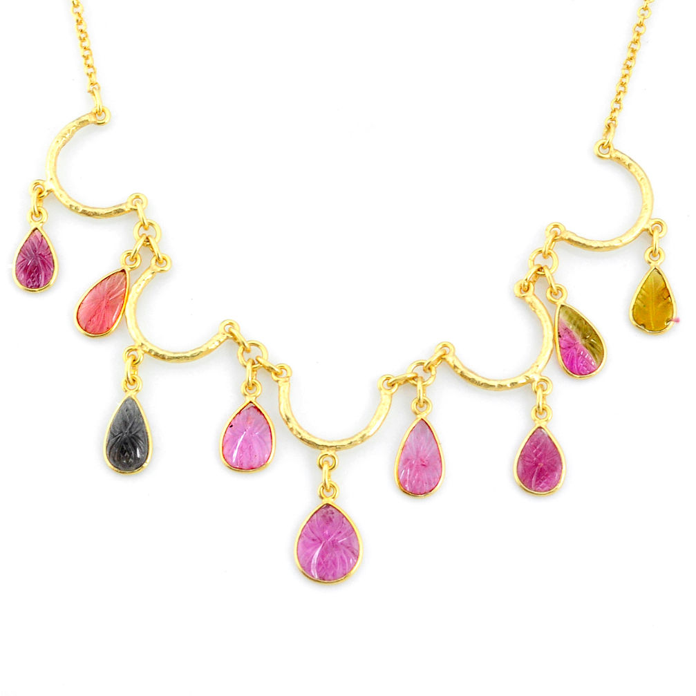 20.37cts carving natural watermelon tourmaline 14k gold collector necklace r71579