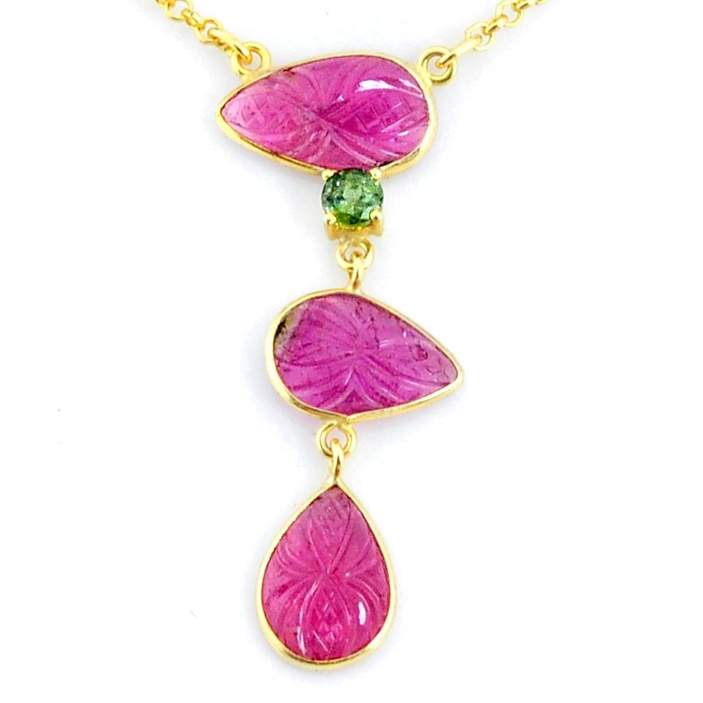 12.06cts carving natural watermelon tourmaline silver 14k gold necklace r71603