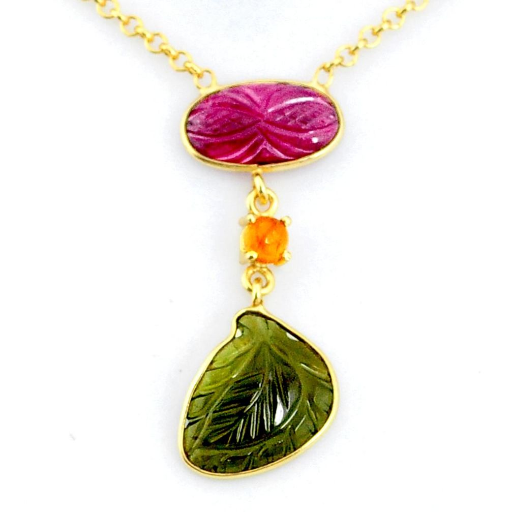 10.29cts carving natural watermelon tourmaline silver 14k gold necklace r71608