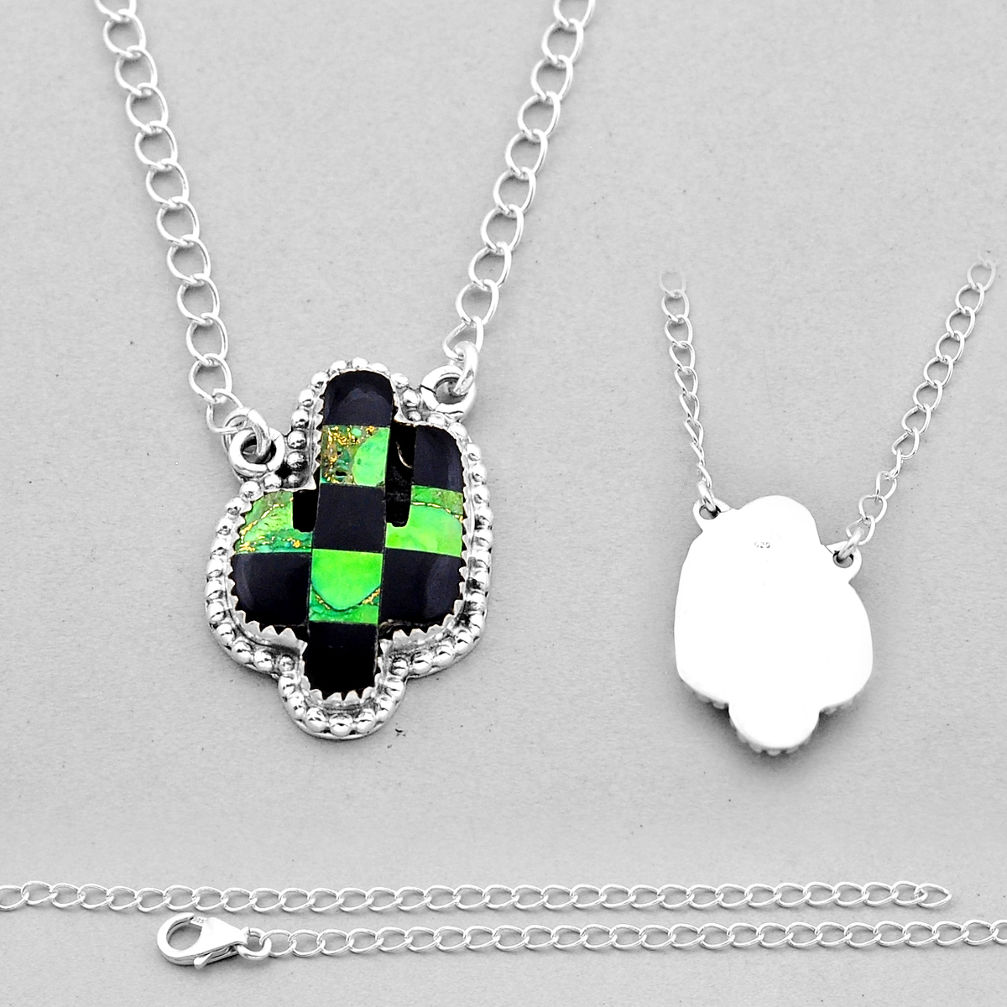 15.79cts checker black green strip opal silver cactus necklace jewelry n53347