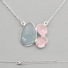 9.88cts checker cut natural blue aquamarine rose quartz silver necklace n5006