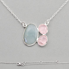 9.39cts checker cut natural blue aquamarine rose quartz silver necklace n5014