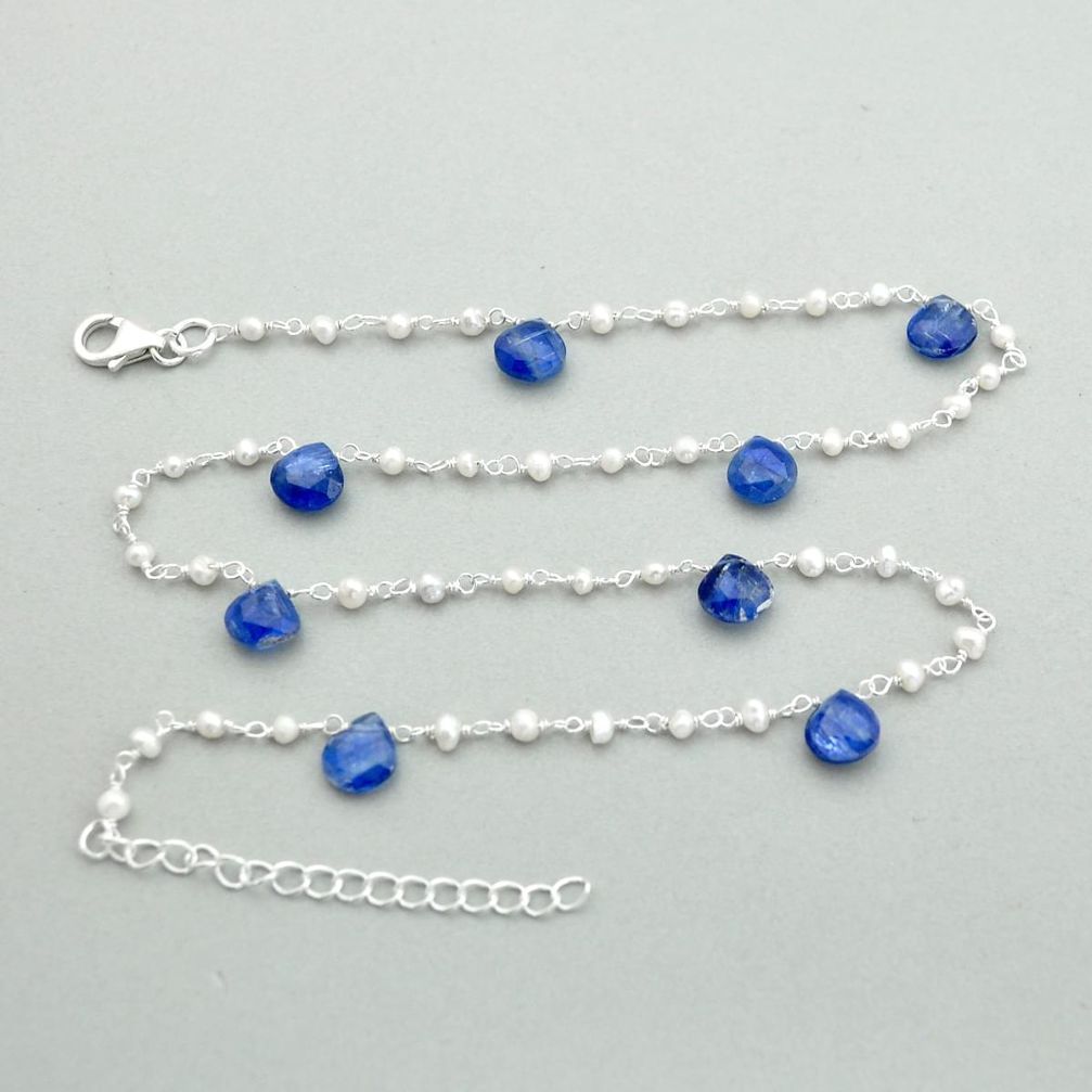 19.71cts checker cut natural blue iolite pearl 925 silver chain necklace u83096