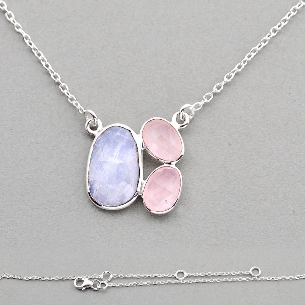 9.37cts checker cut natural rainbow moonstone rose quartz silver necklace n5019