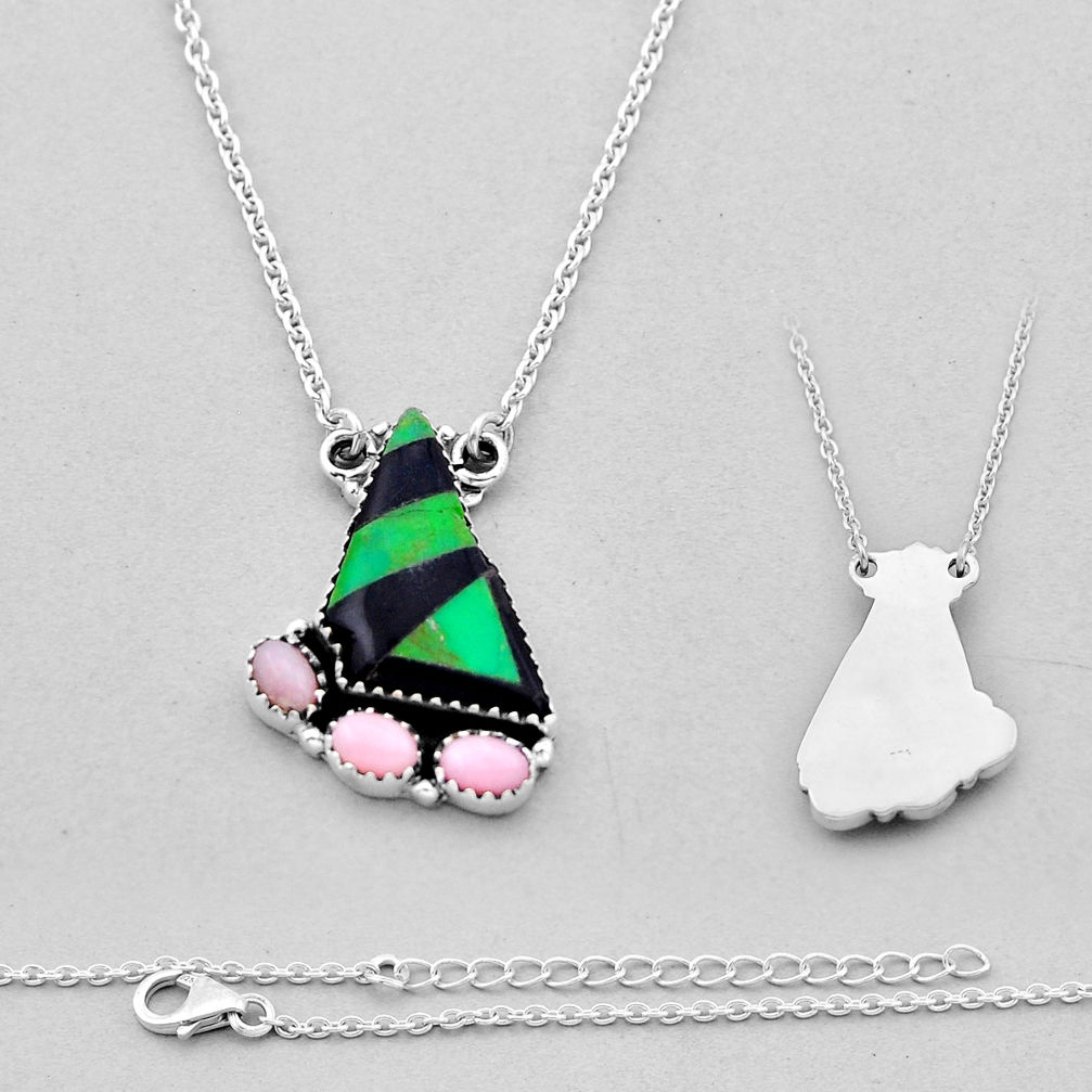 15.03cts checker green black strip opal pink opal 925 silver necklace n53350