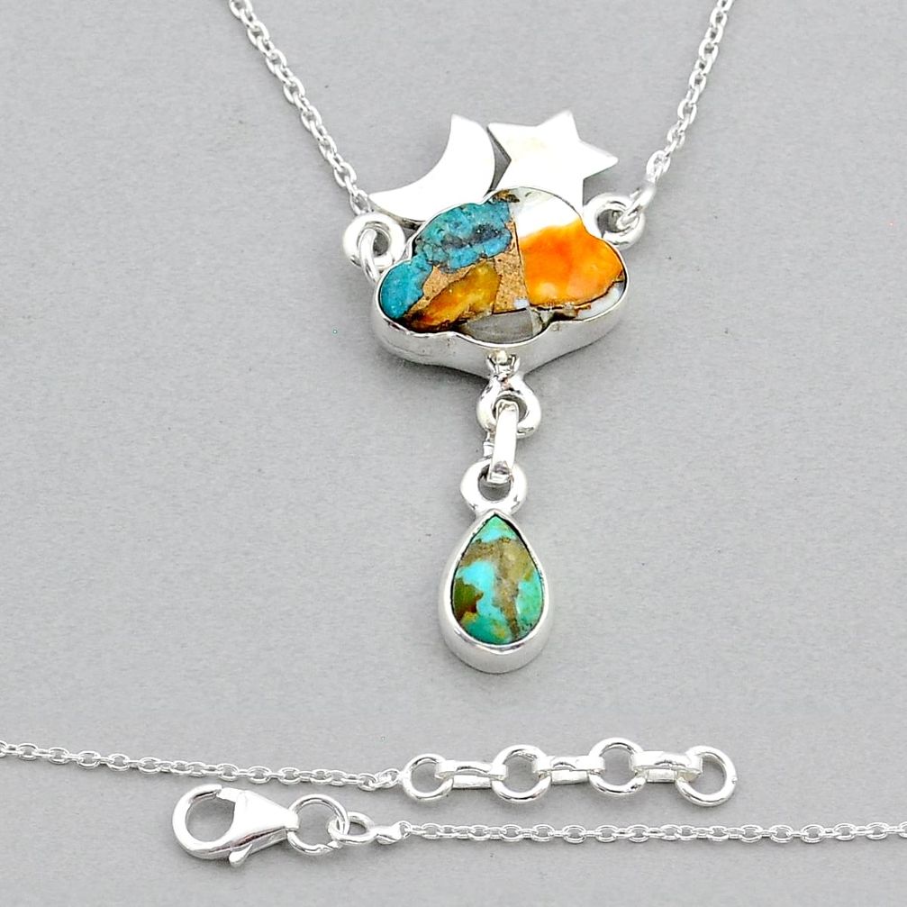 7.73cts cloud moon star spiny oyster arizona turquoise silver necklace u92445