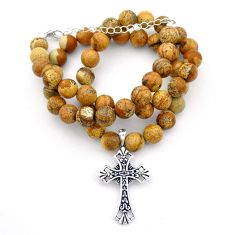 192.74cts cross natural brown picture jasper 925 silver beads necklace u64950