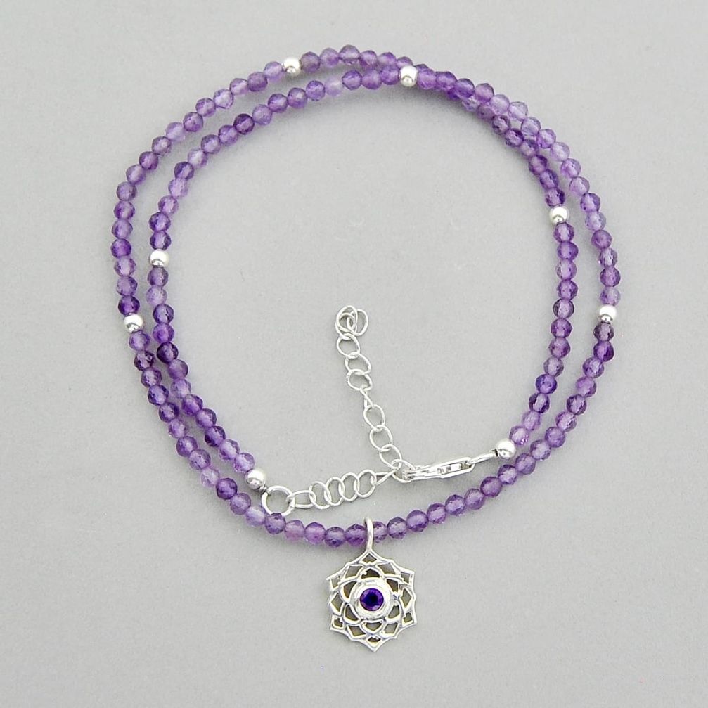 17.39cts crown chakra natural amethyst beads sterling silver necklace y25701